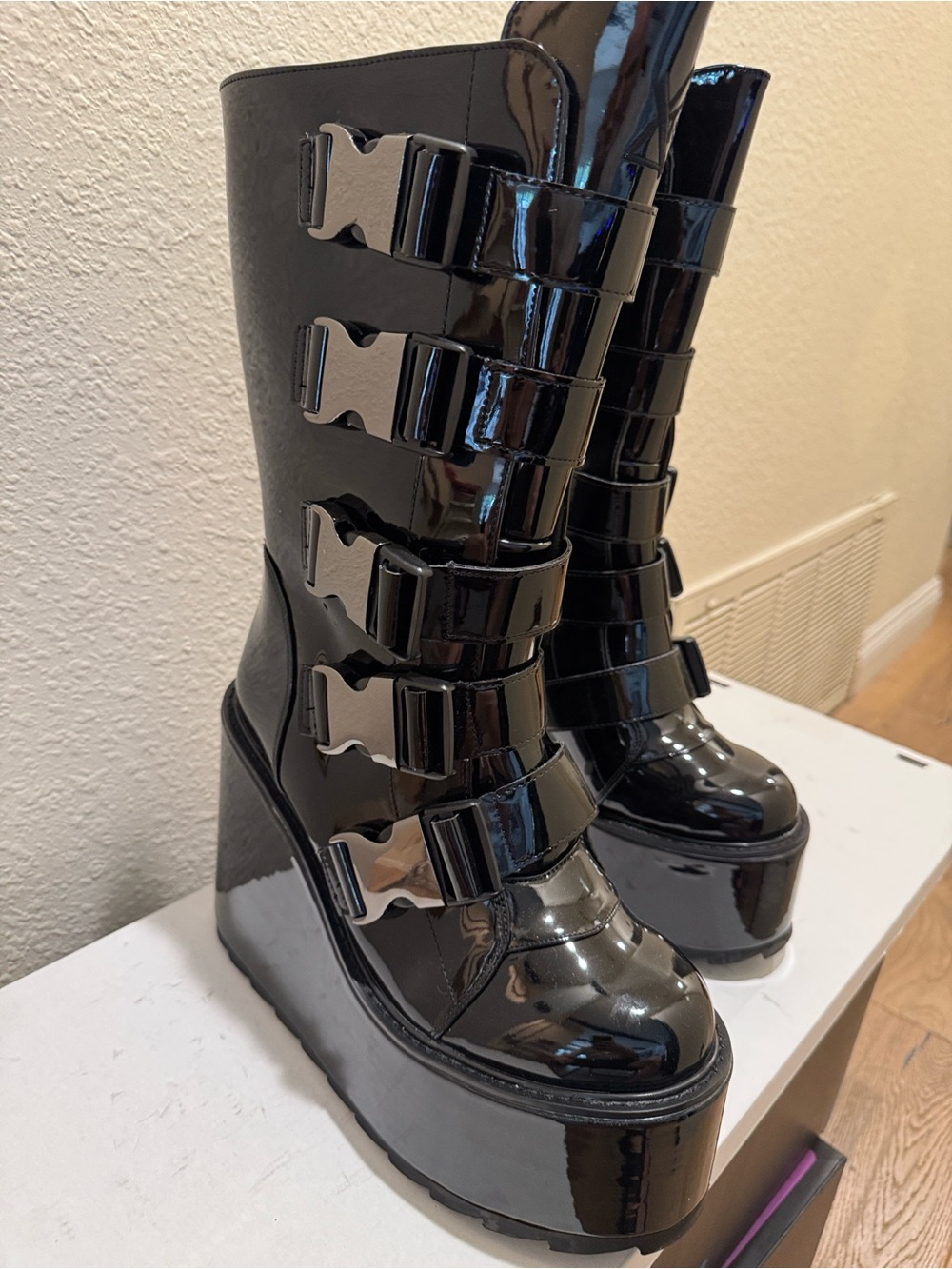 YRU Dune Black Patent Platform Buckle Boots -